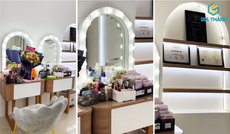Khu vực 2 bàn trang điểm và kệ trưng bày của tiệm Tèn Makeup House